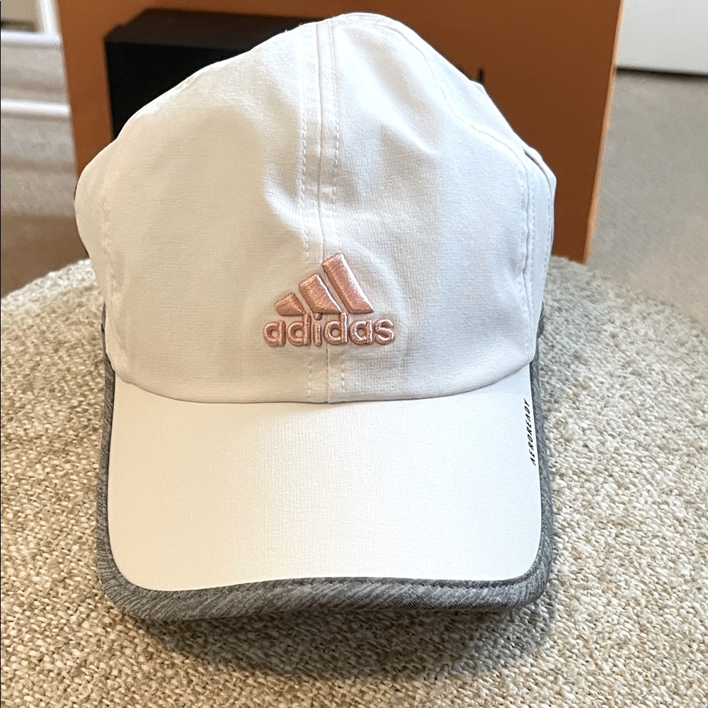Adidas White Aeroready Adjustable Hat Gray Brim Pink Embroidered Logo